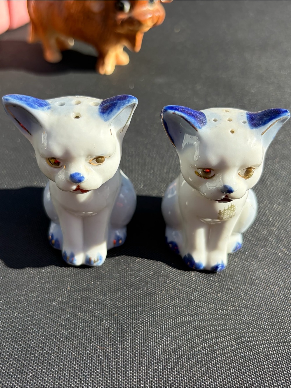 White and Blue Ceramic Cat Salt and Pepper Shakers - Vintage Style